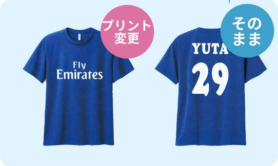 青いソフトドライTシャツの前後表示。前面はそのままの「Fly Emirates」、背面は「YUTA 29」でプリントが変更されている。