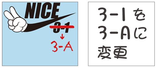 デザイン訂正の例。クラス名などを3-1から3-Aに変更する指示をイラストで表現したもの
