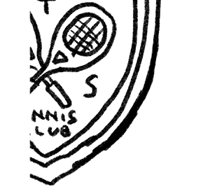 手描きのテニスラケットと「TENNIS CLUB」の文字が入った円形エンブレムのラフスケッチ