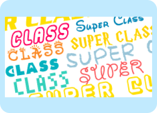 異なるフォントと色で「CLASS」や「SUPER CLASS」という文字がパターン状に配置されている