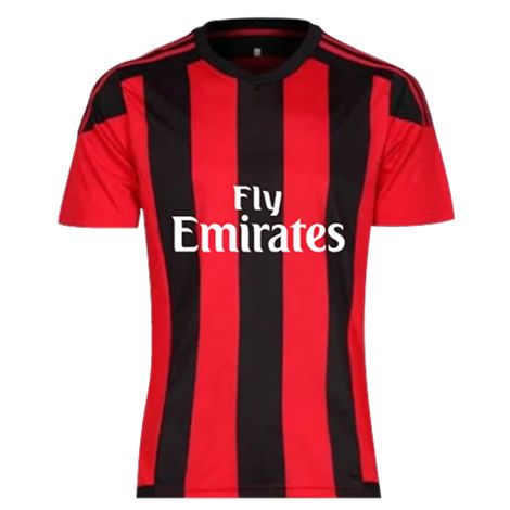 赤と黒の縦縞模様のユニフォームTシャツに、Fly Emiratesのロゴが入ったデザイン