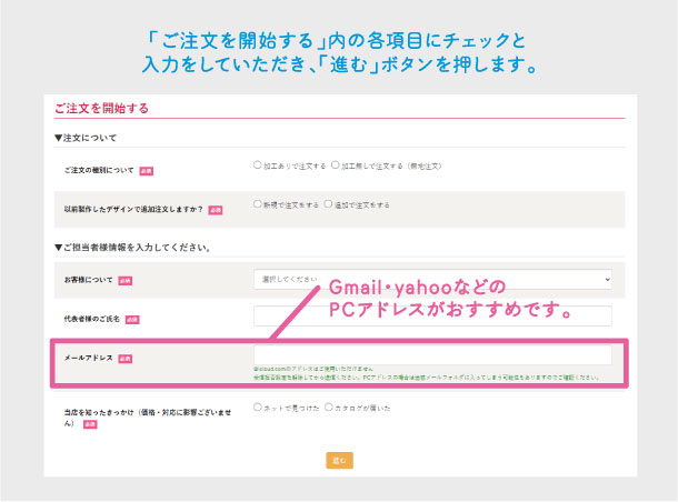 Web発注の流れ：メールアドレスを入力する画面の説明画像