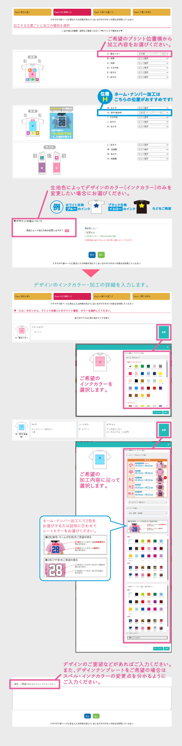 Web発注の流れ：プリント位置・プリントタイプ（加工内容）を入力する画面の説明画像