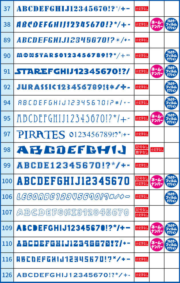 アルファベット書体（小文字なし）見本　18種類
