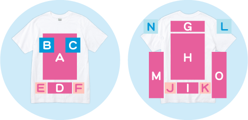 ノーマルプリント加工ができる位置やサイズのアルファベットがTシャツに記載